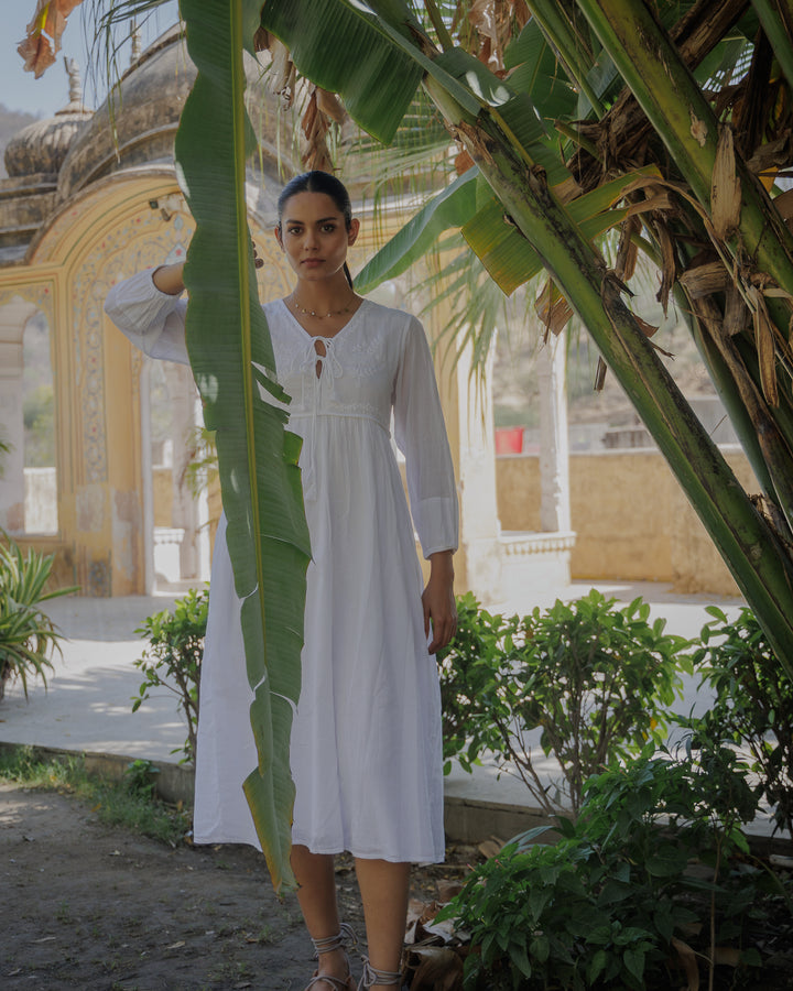 Chikankari-embroidered Midi Dress in Jasmine White