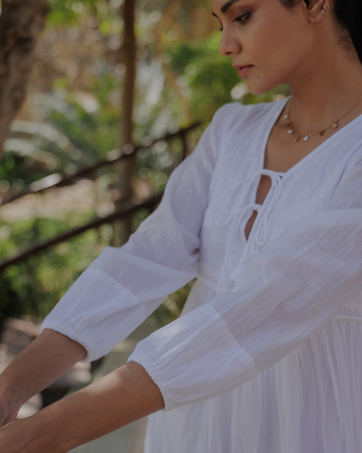 Chikankari-embroidered Midi Dress in Jasmine White