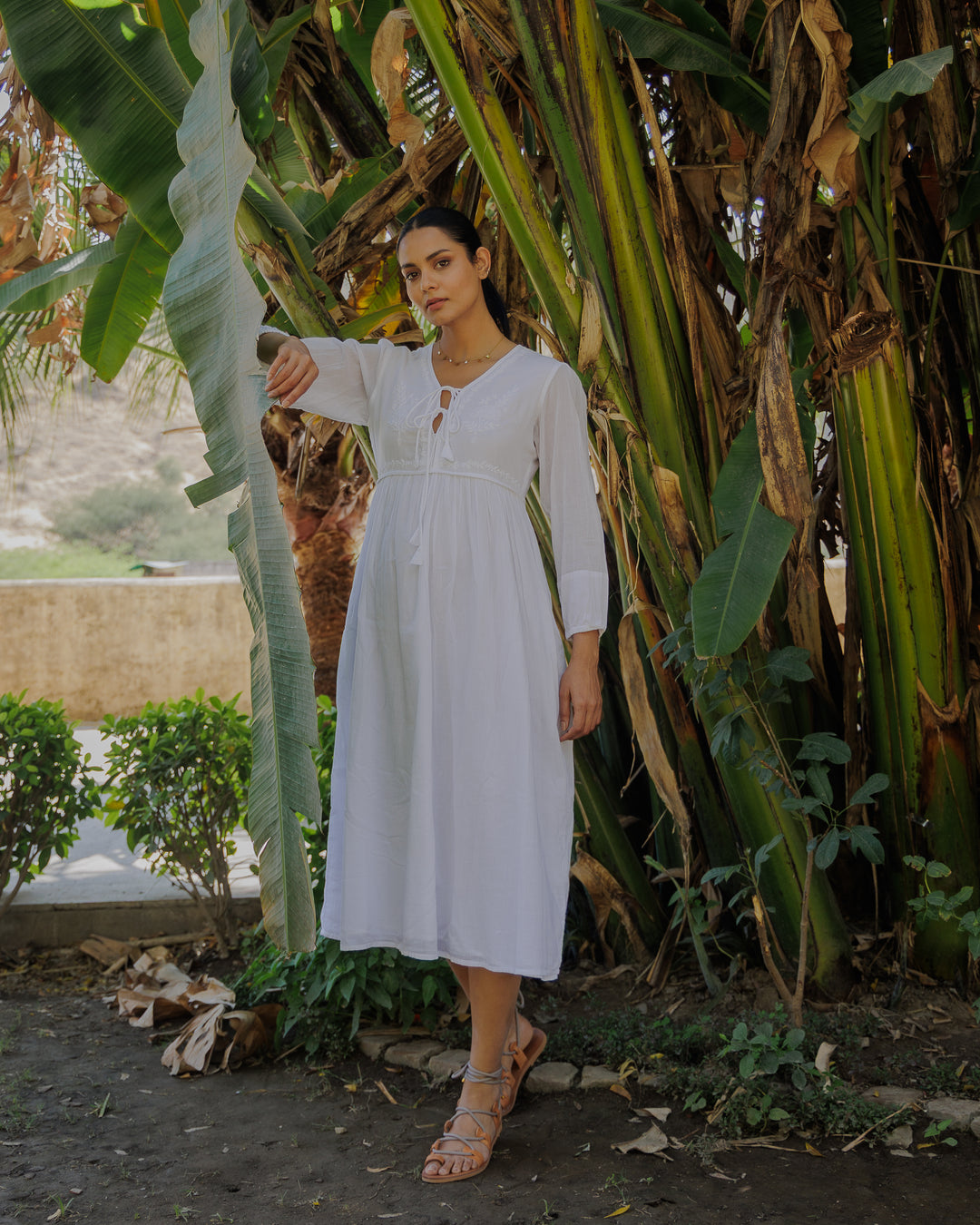 Chikankari-embroidered Midi Dress in Jasmine White