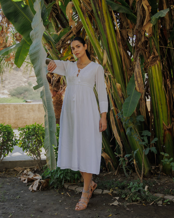 Chikankari-embroidered Midi Dress in Jasmine White