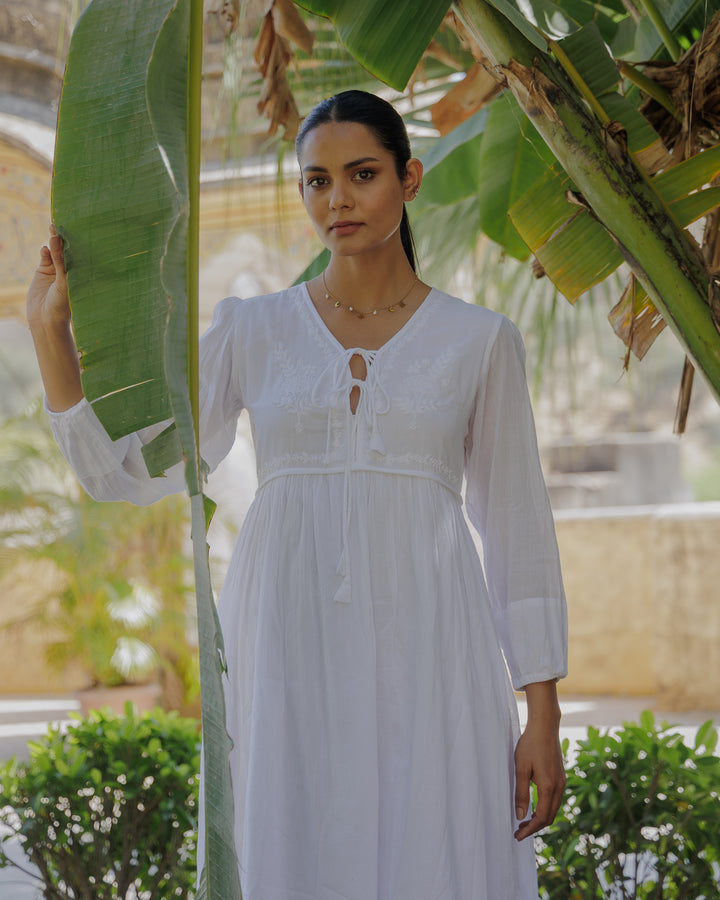 Chikankari-embroidered Midi Dress in Jasmine White
