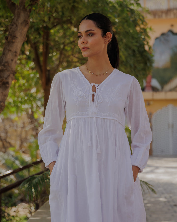 Chikankari-embroidered Midi Dress in Jasmine White