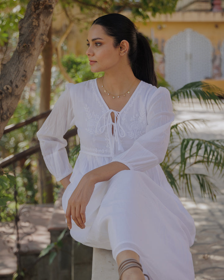 Chikankari-embroidered Midi Dress in Jasmine White