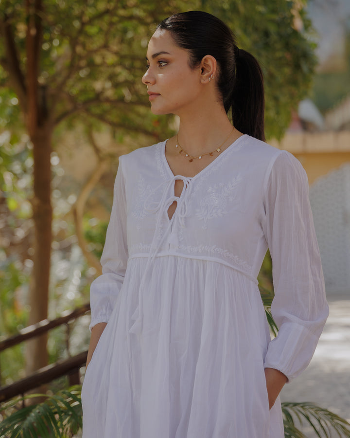 Chikankari-embroidered Midi Dress in Jasmine White