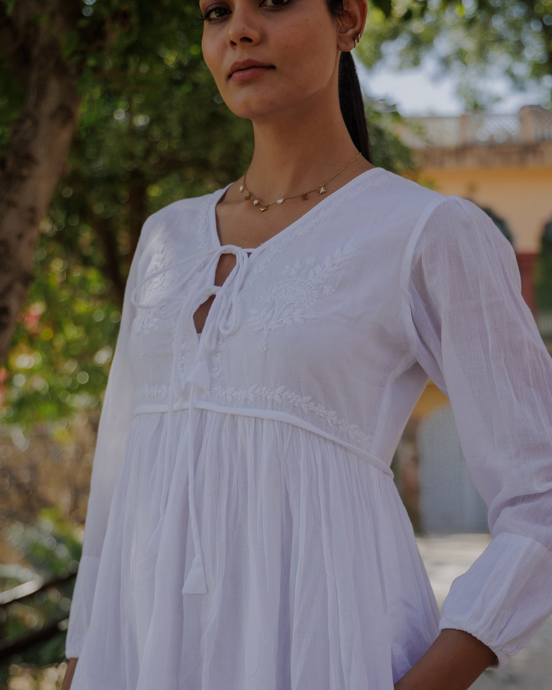 Chikankari-embroidered Midi Dress in Jasmine White