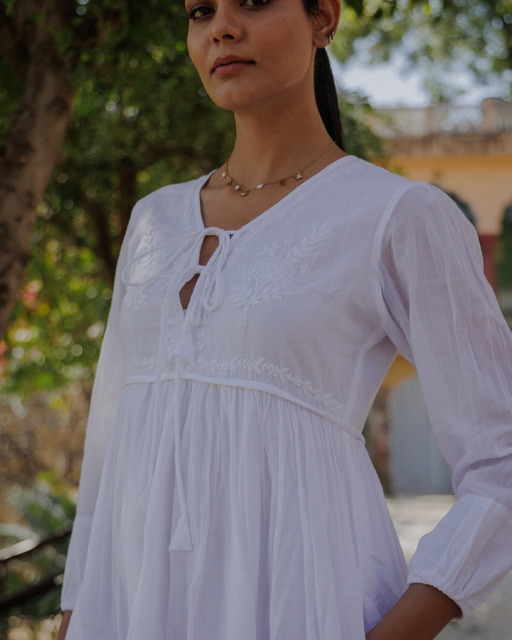 Chikankari-embroidered Midi Dress in Jasmine White