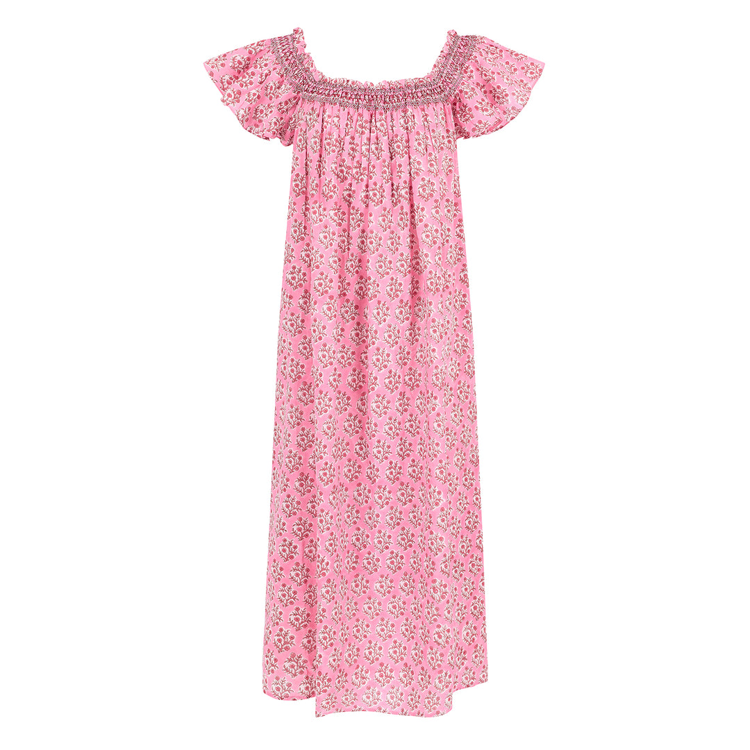 Mogra Smocked Nightie in Rani Pink
