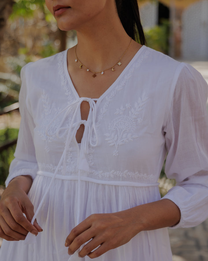Chikankari-embroidered Midi Dress in Jasmine White