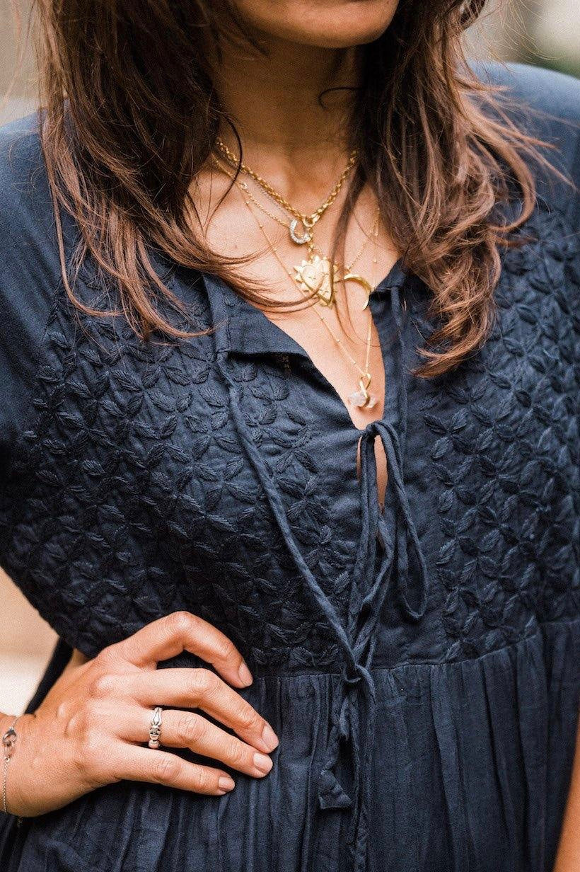 Chikankari-embroidered maxi dress in midnight blue
