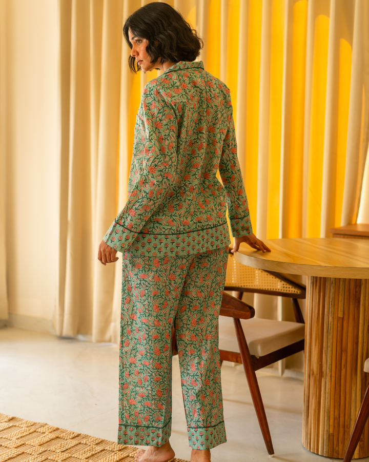 Indira Jaal Long Sleeve PJ set in Jade & Peach - Dilli Grey