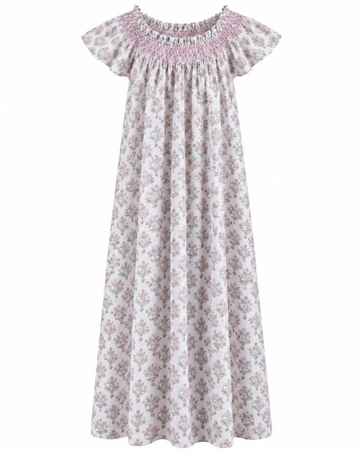 Mogra Smocked Nightie in White and Sage