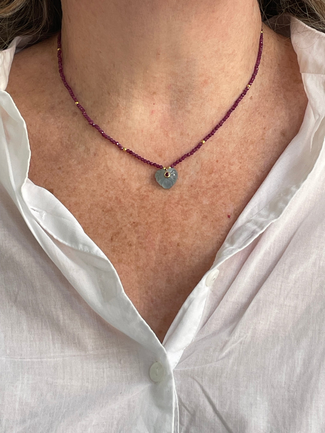 Jaipur Carved Heart Necklace in Ruby & Aquamarine
