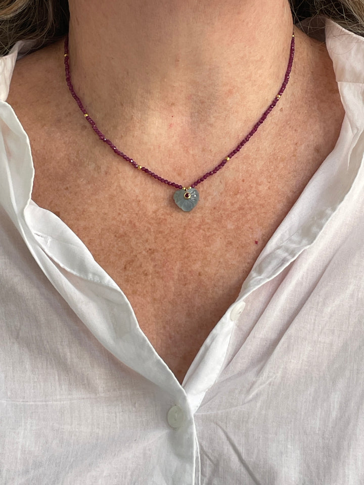 Jaipur Carved Heart Necklace in Ruby & Aquamarine