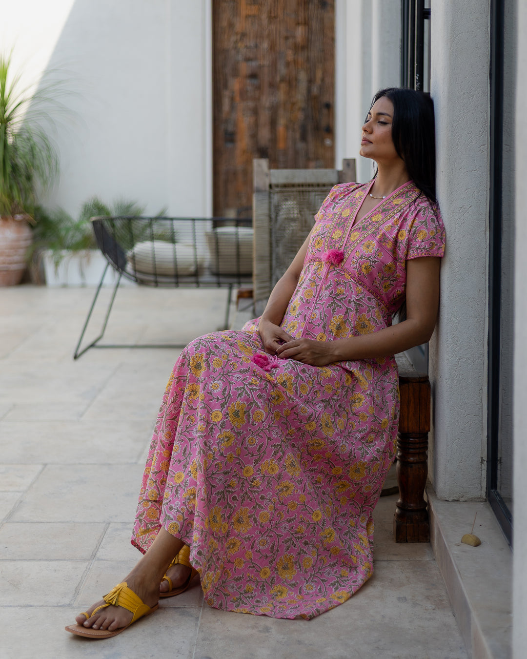 Riti Panelled Maxi Dress in Jaipur Pink and Yellow - Dilli Grey