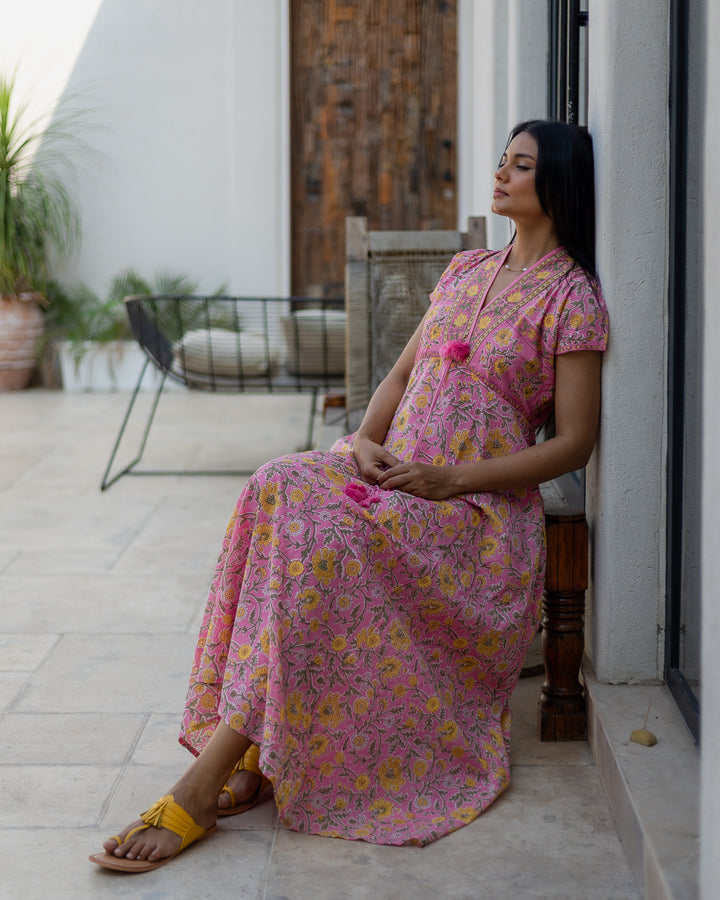 Riti Panelled Maxi Dress in Jaipur Pink and Yellow - Dilli Grey
