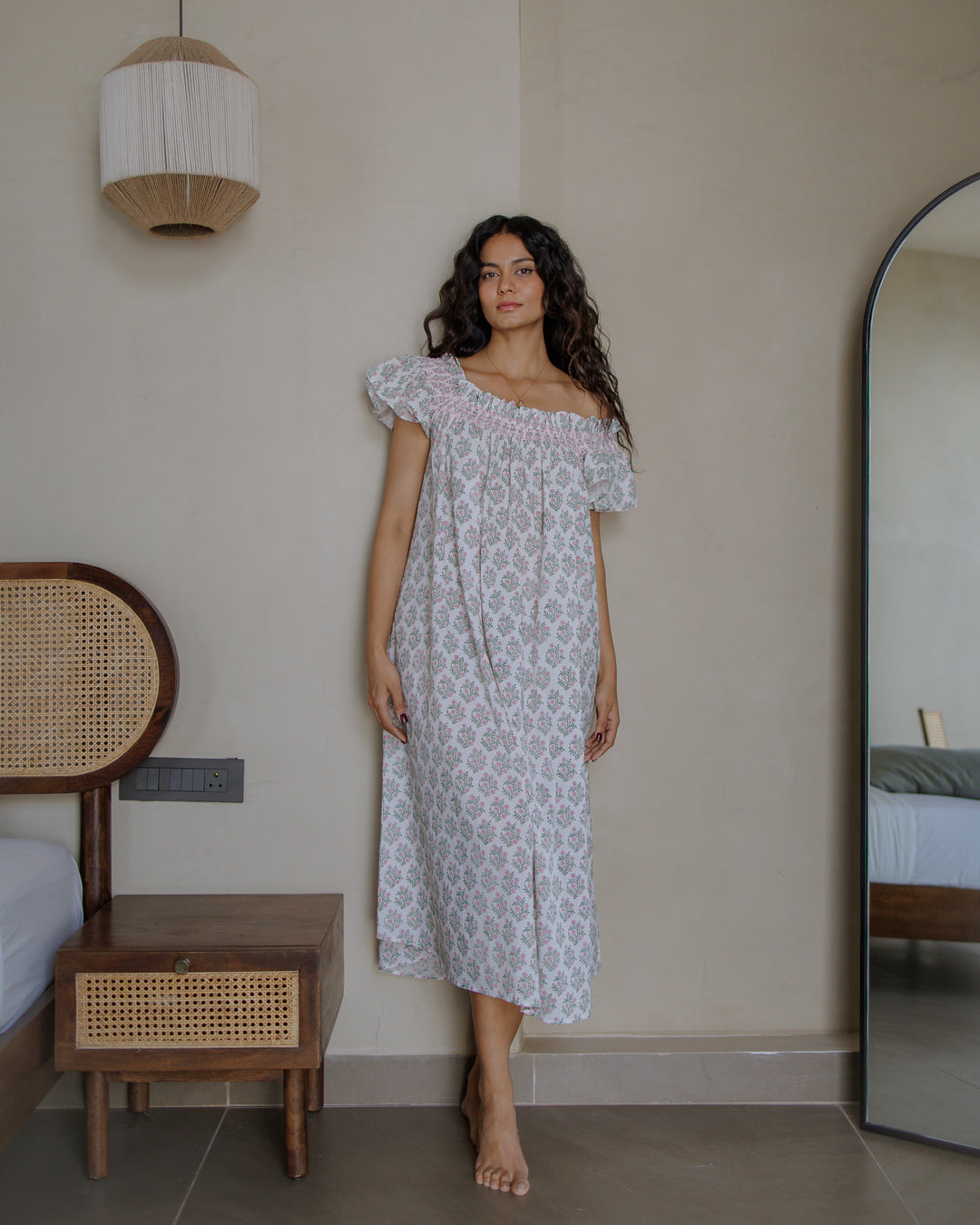 Mogra Smocked Nightie in White and Sage - Dilli Grey