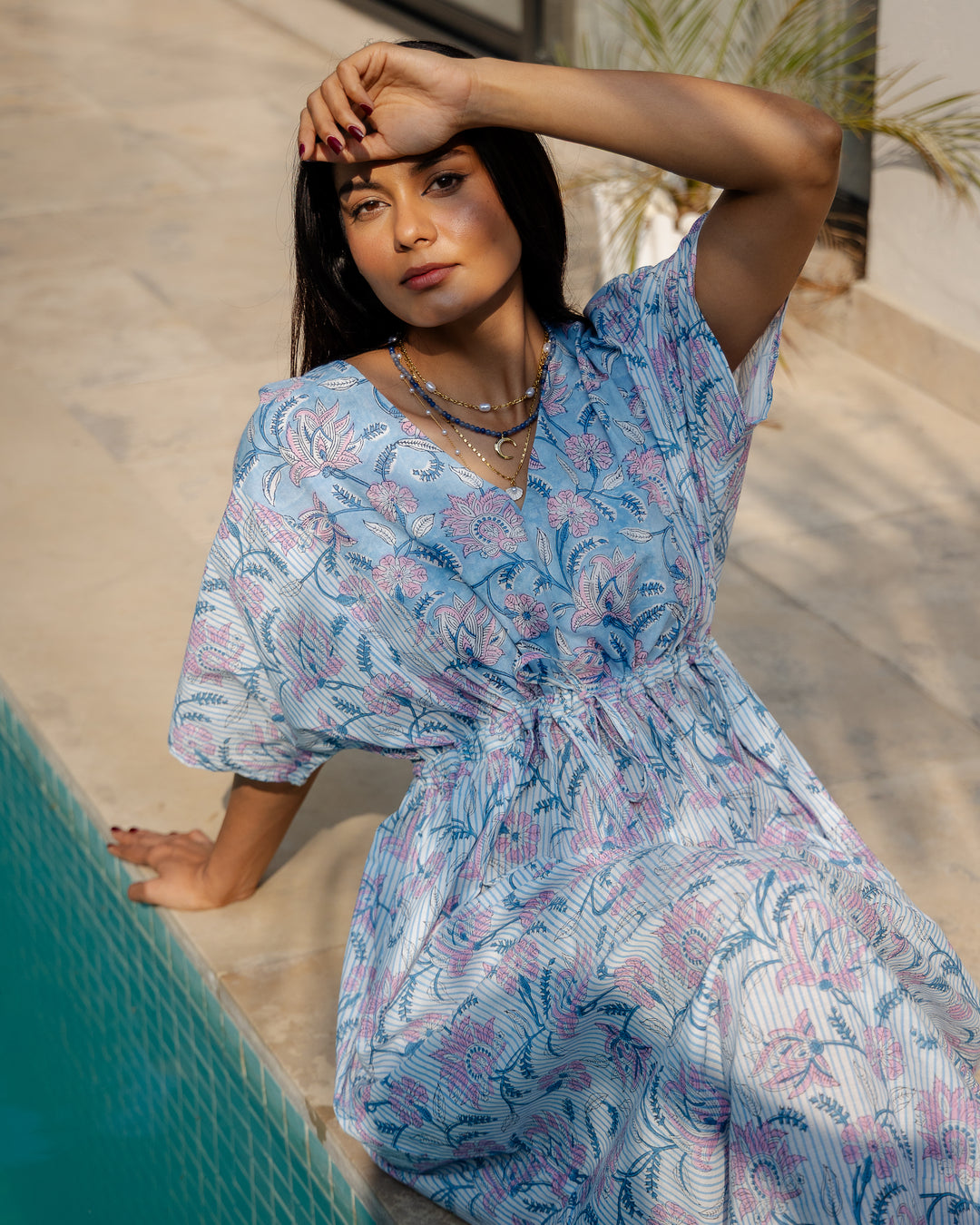 Tilly Stripe Champaca Maxi Kaftan Dress in Dusty Blue - Dilli Grey