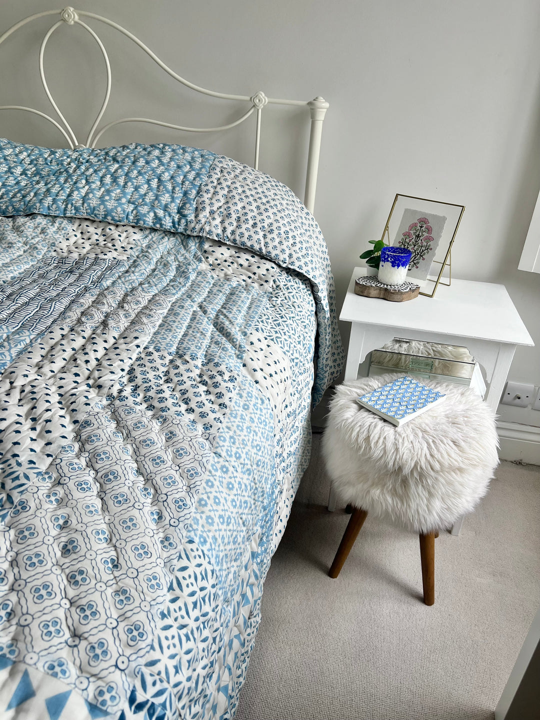 Heirloom patchwork quilt in dusty blue