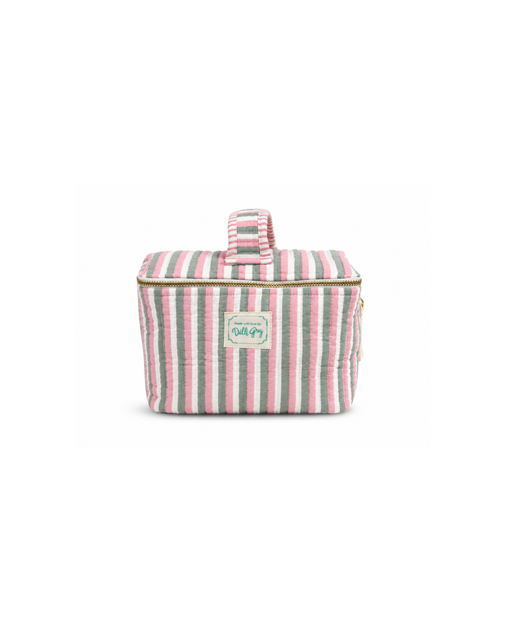 Candy Stripe Cosmetics Case in sage green & pink
