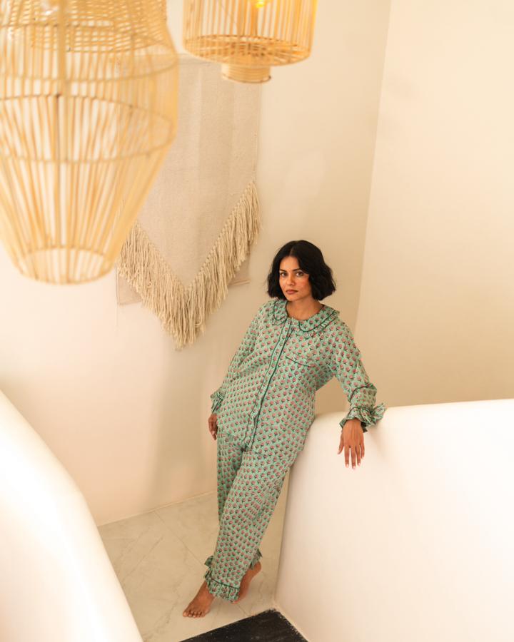 Mini Mogra Ruffle PJ set in Jade - Dilli Grey
