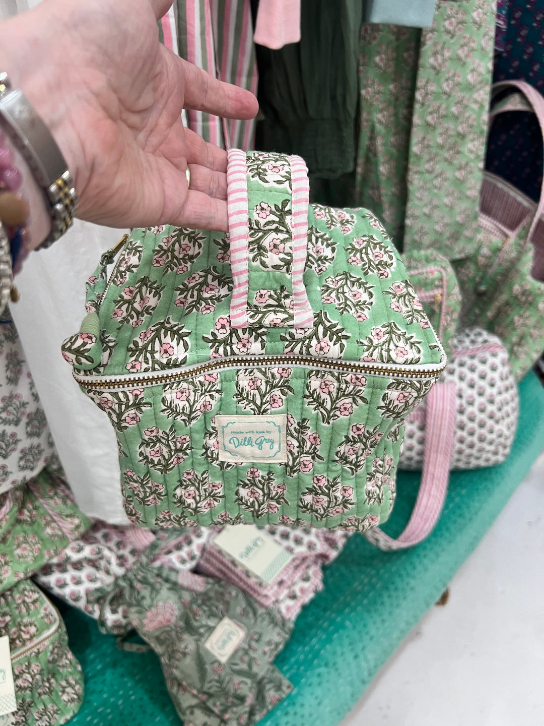 Mogra Cosmetics Case in sage green & pink