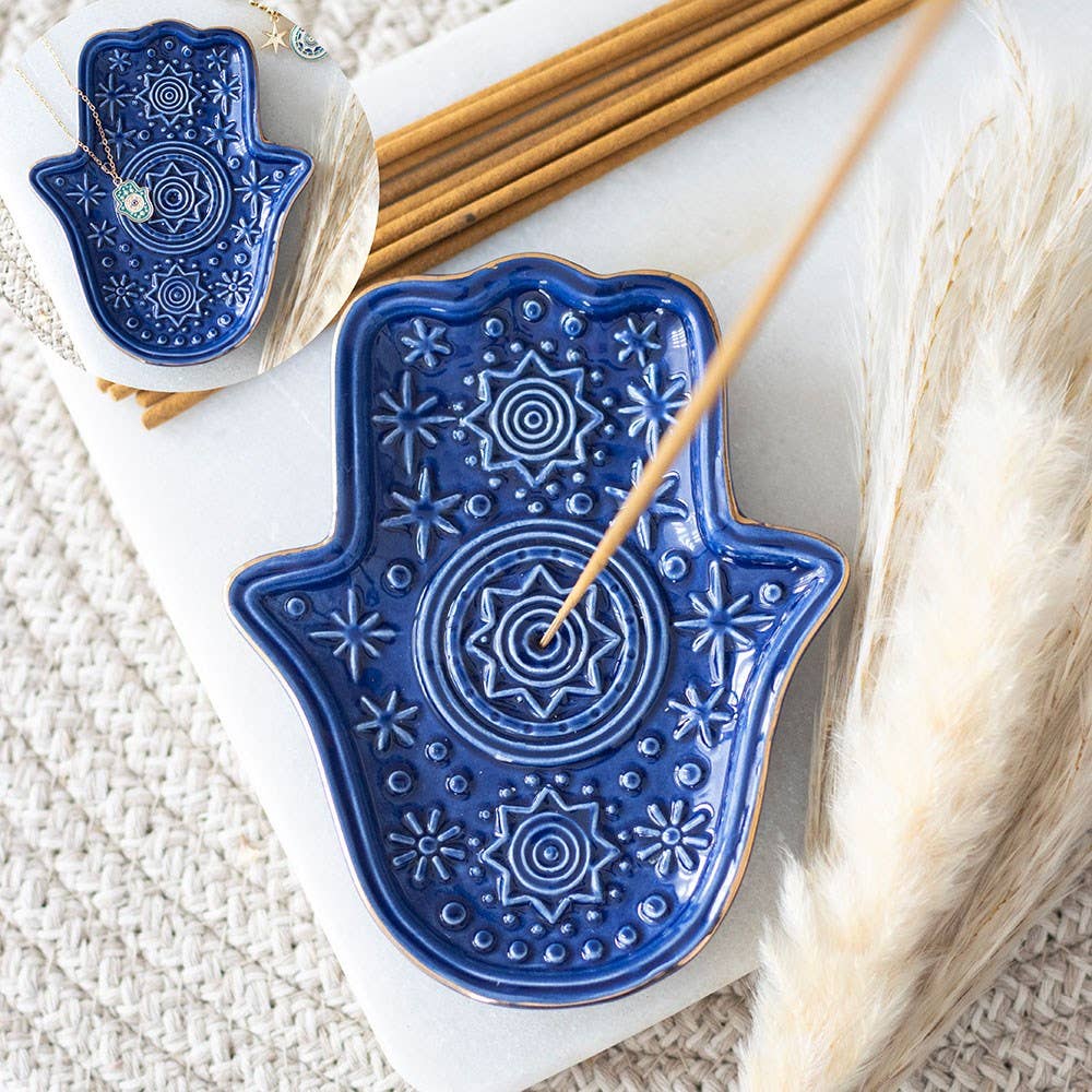 Dark Blue Hand of Hamsa Incense Holder and Trinket Dish - Dilli Grey