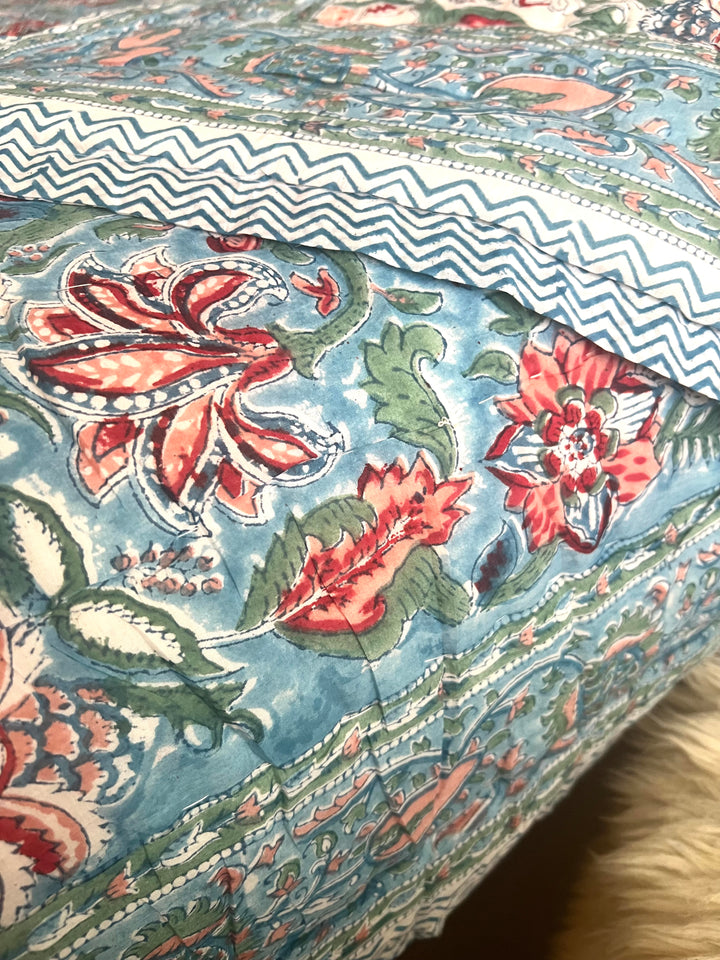 Heritage Chintz with mixed border King Size Quilt in Sky Blue and Pomegranate