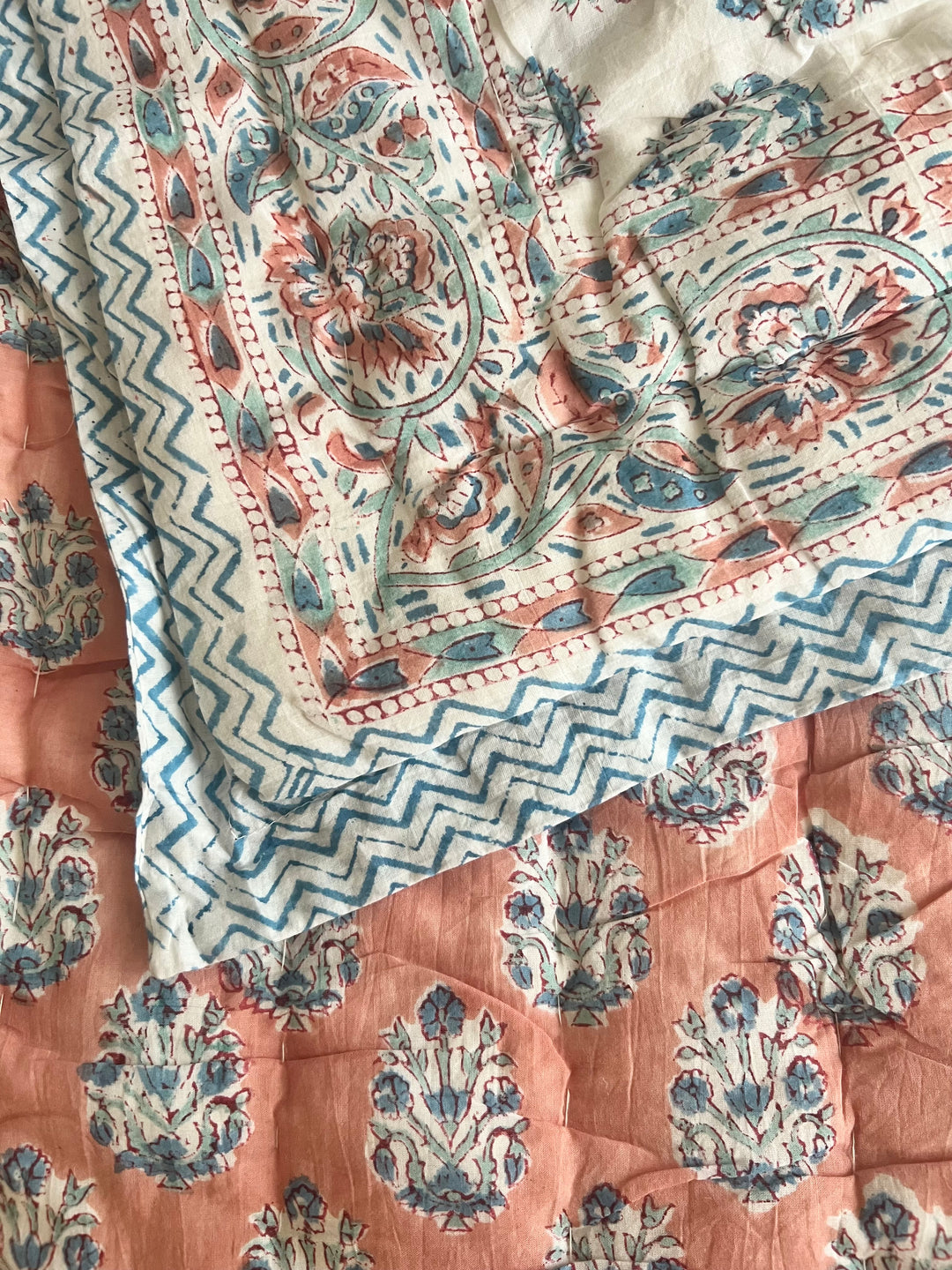 Heritage Butta with mixed border Quilt in Peach & Dusty Blue - Dilli Grey