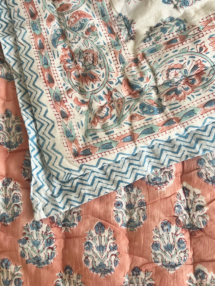 Heritage Butta with mixed border Quilt in Peach & Dusty Blue - Dilli Grey