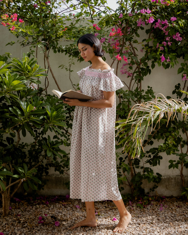Daisy Butta Smocked Nightie in White and Pink