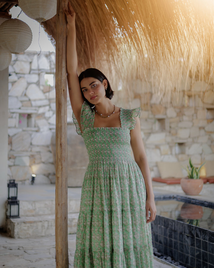 Tara Smocked Dress in sage green and pink - Dilli Grey