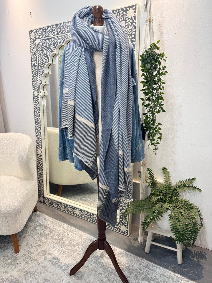 Cashmere hand-loom blanket scarf in denim blues