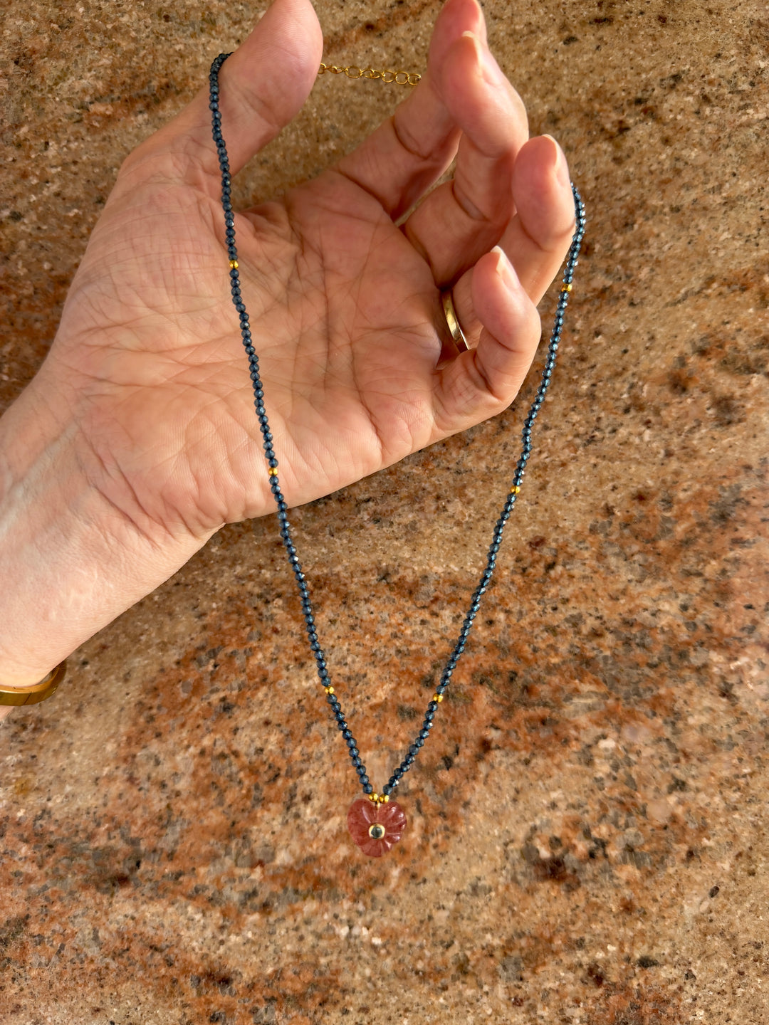 Jaipur Carved Heart Necklace in Strawberry Quartz & Blue Topaz - SHIPS 9TH SEPTEMBER
