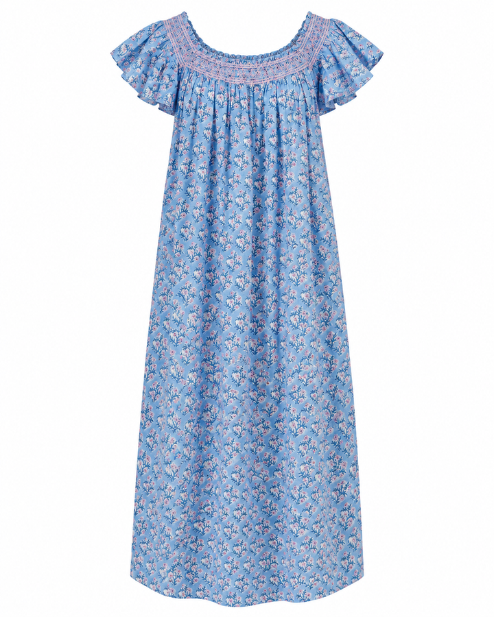 Mogra Smocked Nightie in Dusty Blue and Lavender