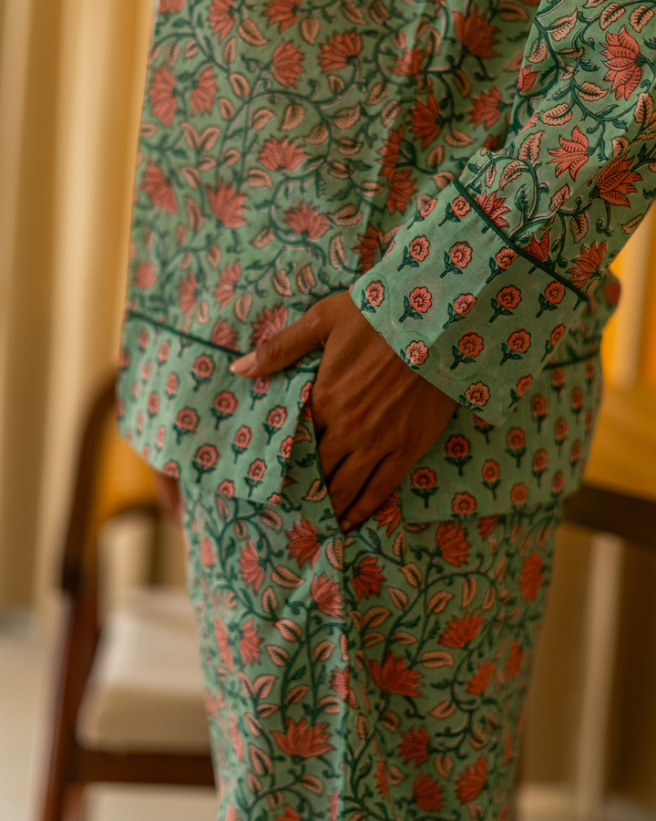 Indira Jaal Long Sleeve PJ set in Jade & Peach - Dilli Grey