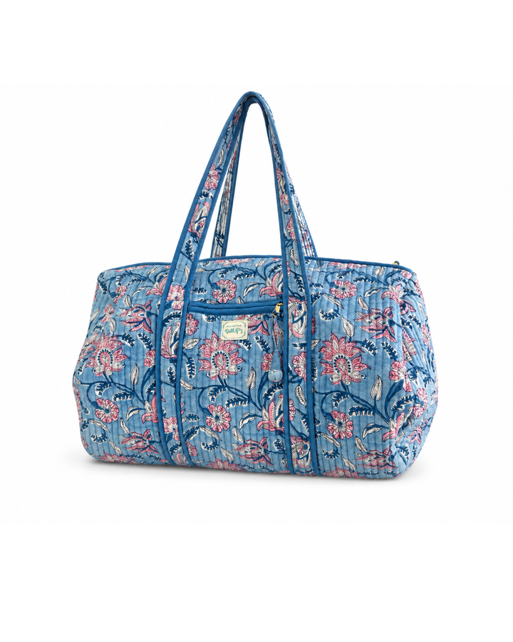 Champaca Quilted Weekend Bag in dusty blue & pink lavender