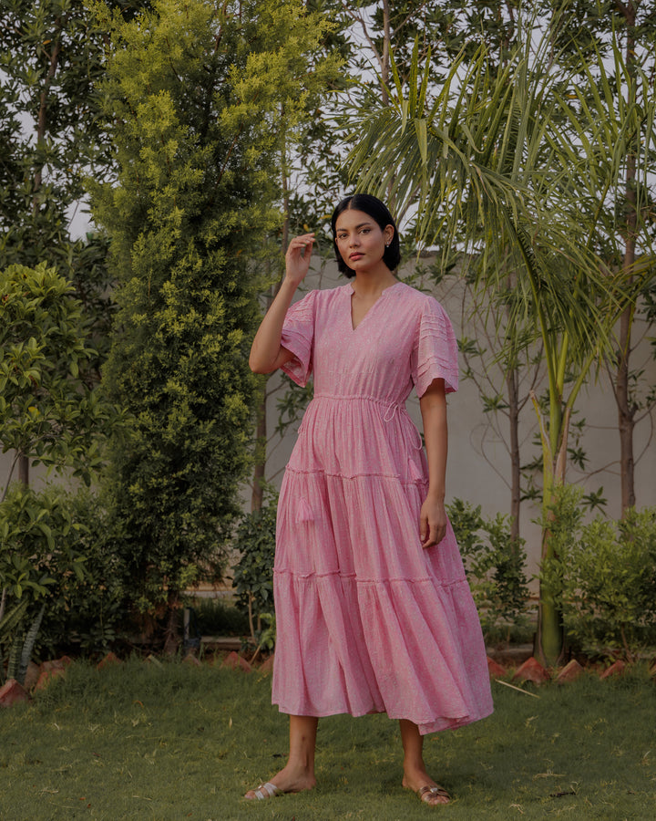 Jayne Mini Butta print midi dress in Jaipur Pink