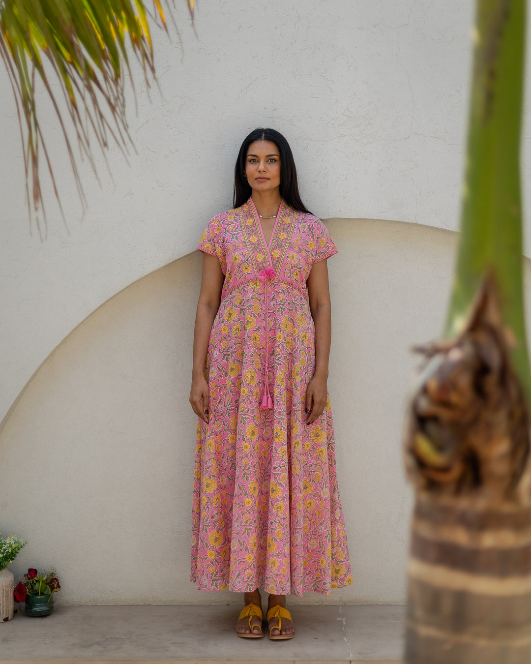 Riti Panelled Maxi Dress in Jaipur Pink and Yellow - Dilli Grey