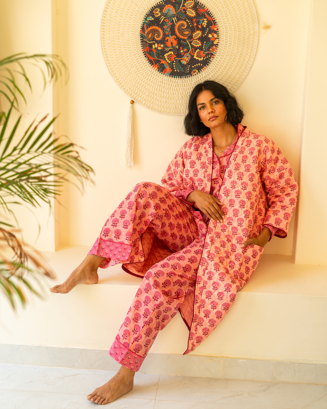 Chandni Butta Quilted Robe in Pomegranate - Dilli Grey