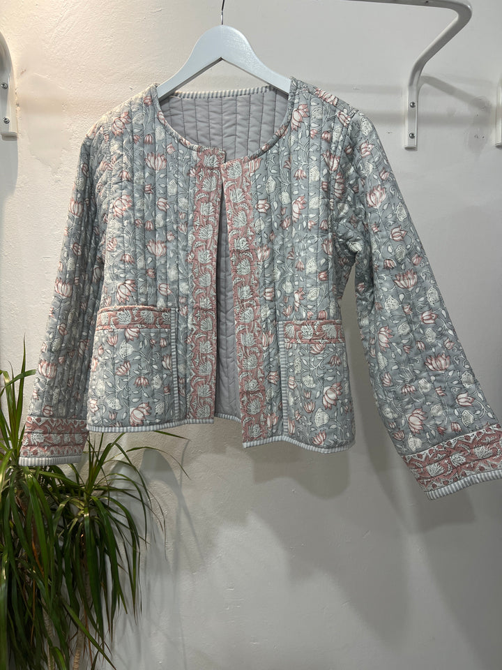 Quilted Jacket in grey and pink lotus - SAMPLE size small  (NO RETURNS)