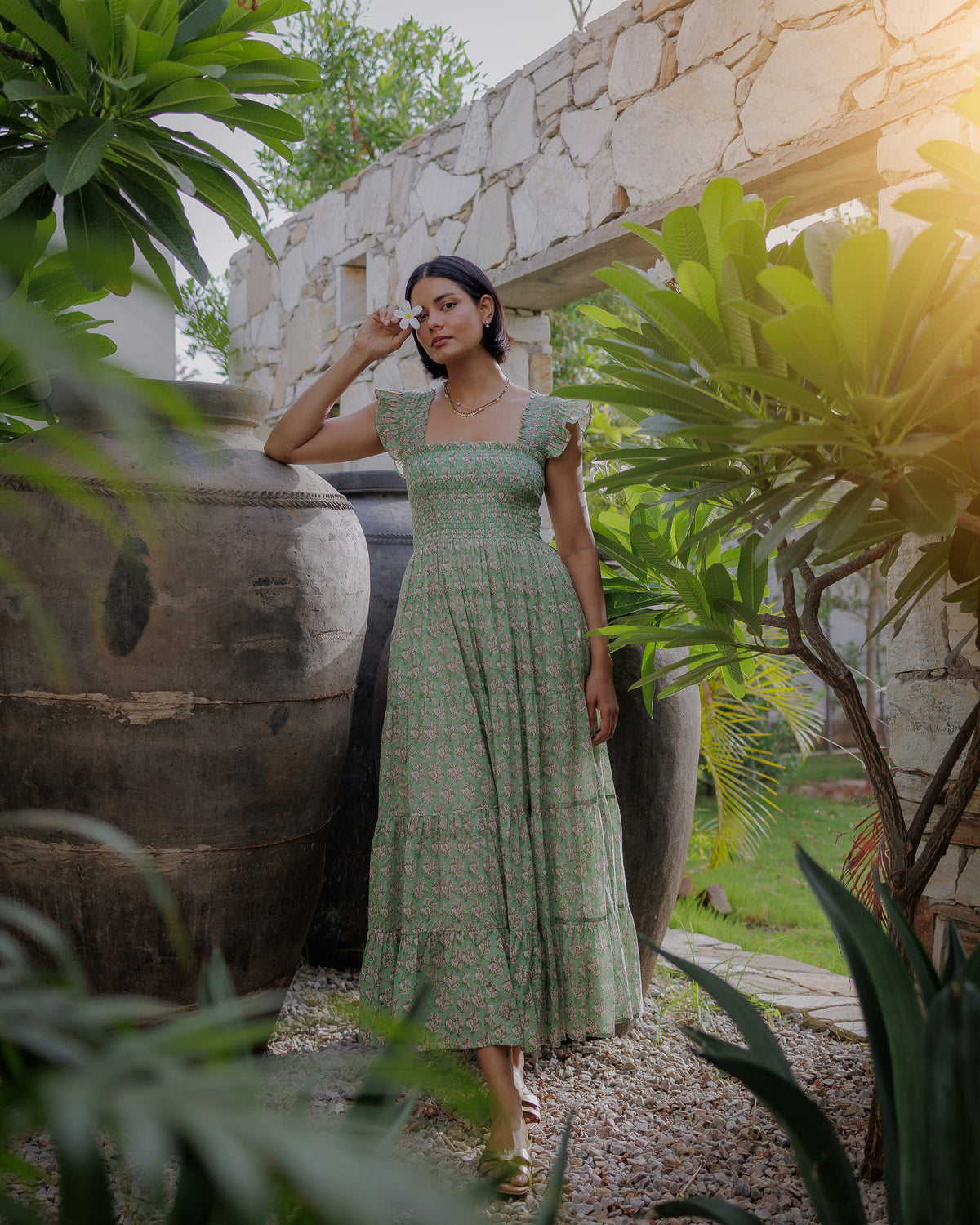 Tara Smocked Dress in sage green and pink - Dilli Grey