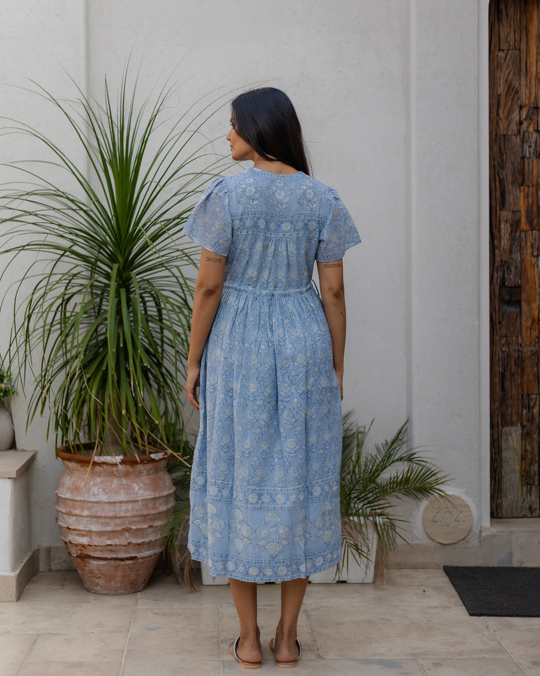 Fifi Flutter Sleeve Midi Dress in Dusty Blue - Dilli Grey