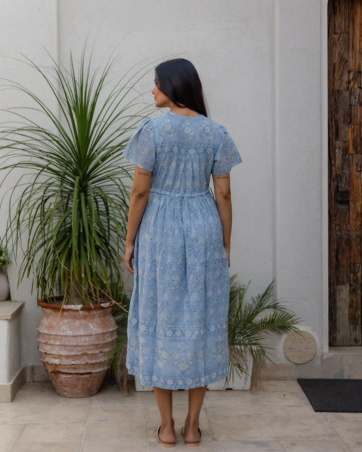 Fifi Flutter Sleeve Midi Dress in Dusty Blue - Dilli Grey