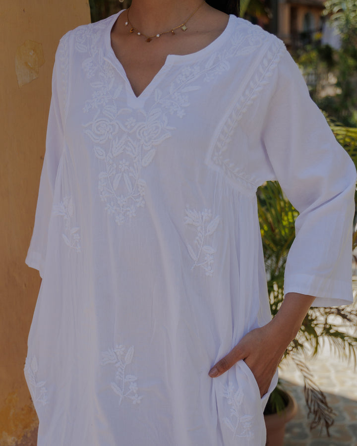 Chikankari-embroidered kaftan in Jasmine White