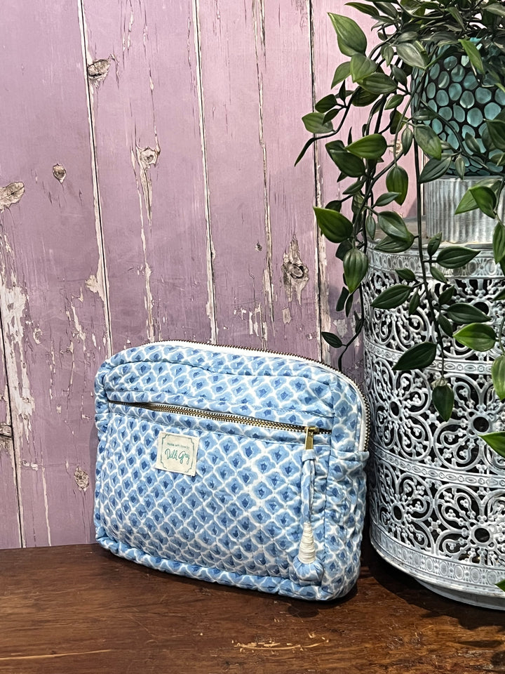 New double zip make up bag in blue mini buta