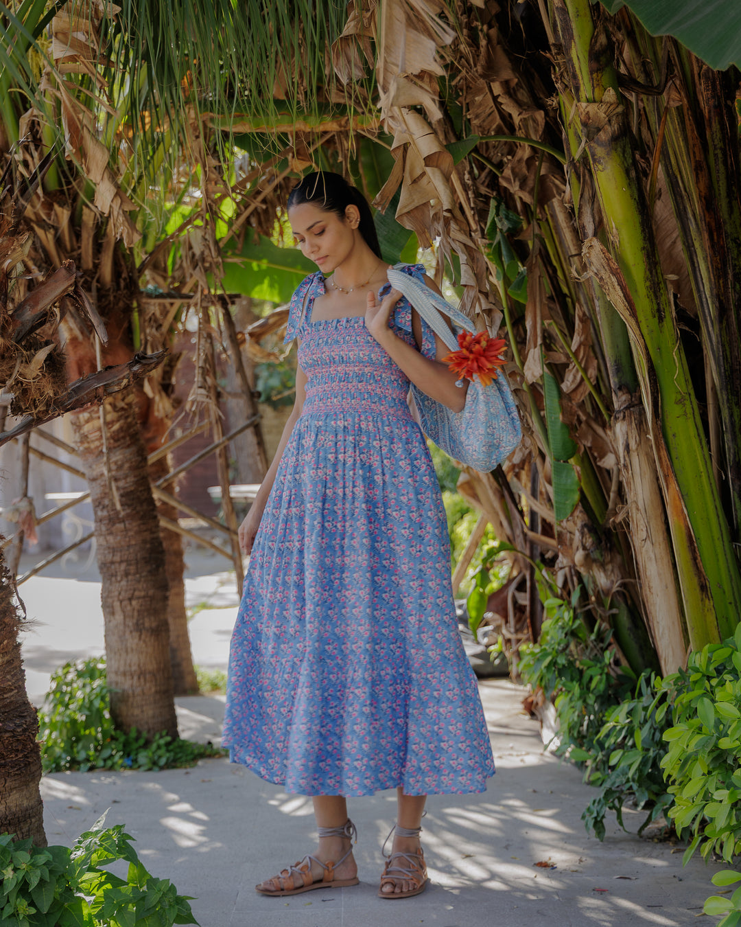 Yasmin Smocked Sundress in Dusty Blue and Neon Pink