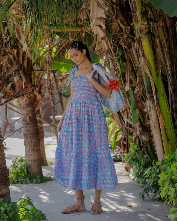 Yasmin Smocked Sundress in Dusty Blue and Neon Pink