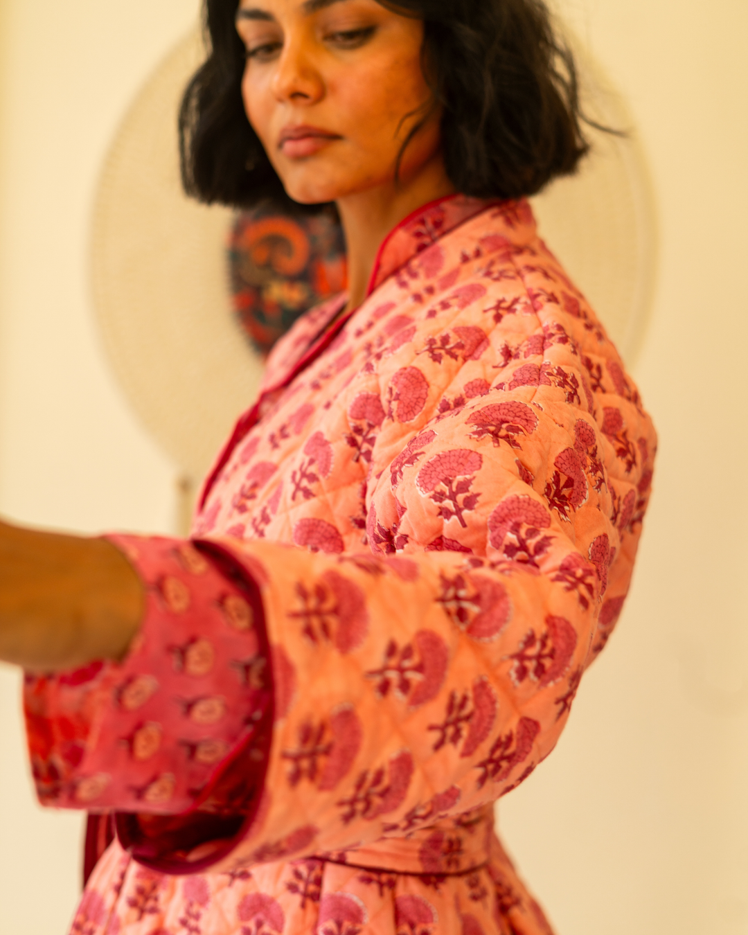 Chandni Butta Quilted Robe in Pomegranate - Dilli Grey