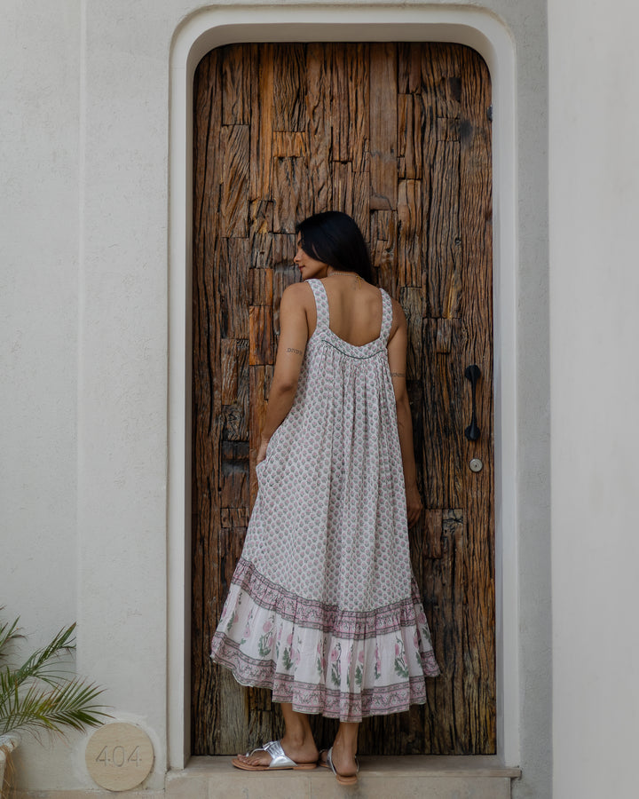 Kaya Maxi Sundress in White & Sage - Dilli Grey