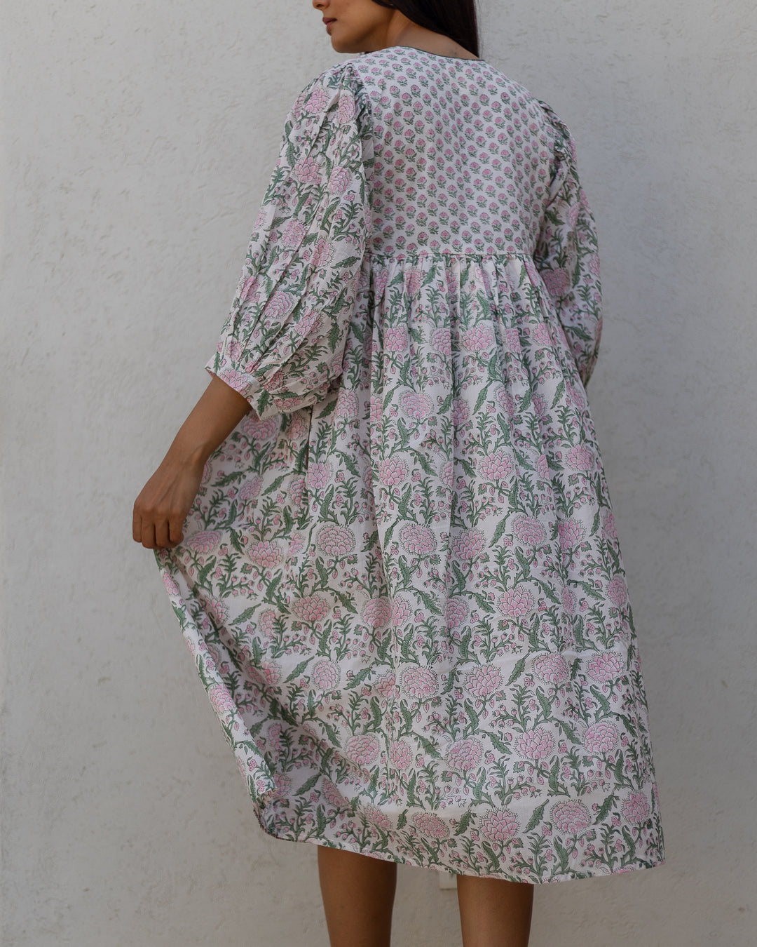 Farah Midi Dress in White & Sage - Dilli Grey